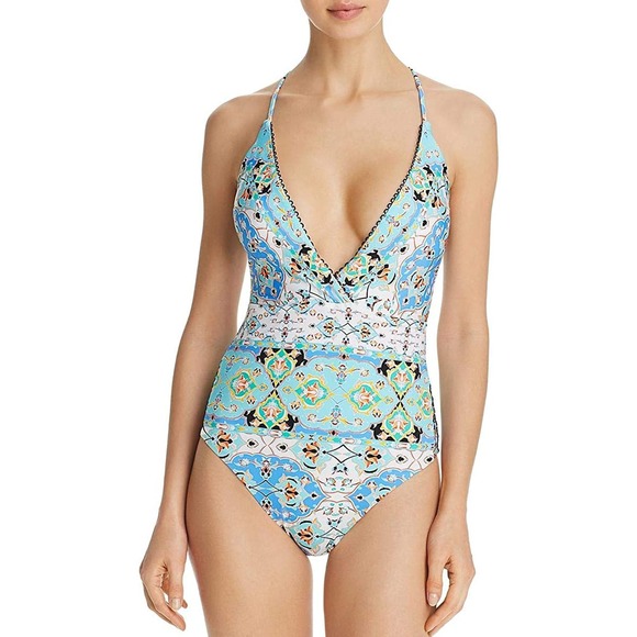 Nanette Lepore Plunging One-Piece Baltic Blue Boho Swimsuit Multi 6 NEW - Picture 1 of 4